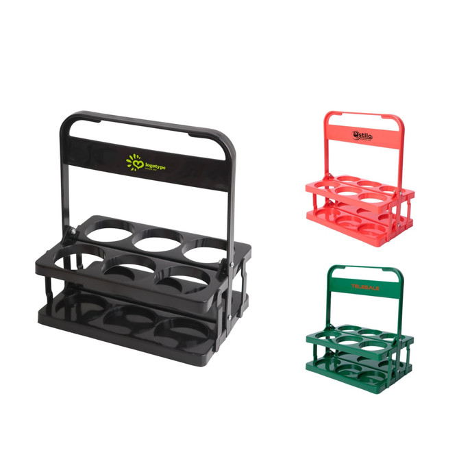 A foldable beer basket in black, red, and green, designed with multiple slots for drink bottles and a logo on each.