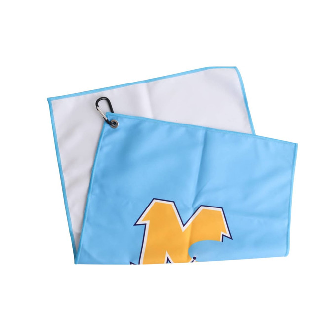 A blue golf towel with a clip and a logo, featuring a white section on one side.