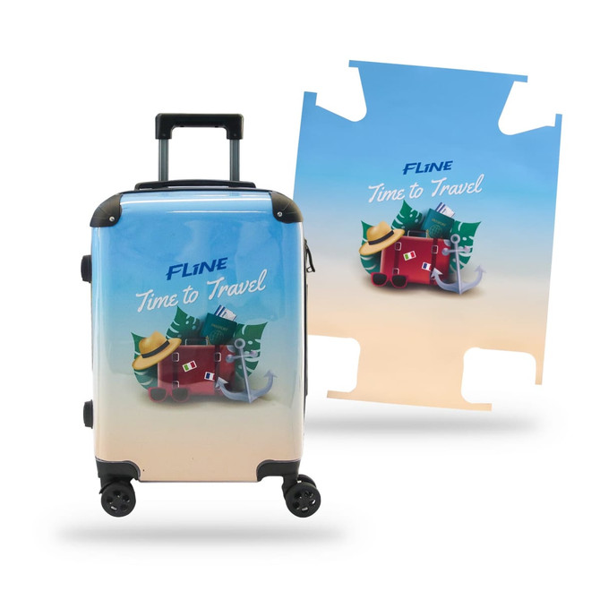 A wheeled suitcase in blue and white, featuring a tropical design with colorful beach elements and a logo.