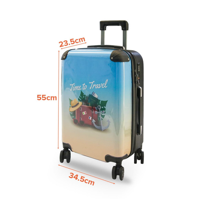 A wheeled suitcase featuring a colourful design, measuring 55 cm in height and 34.5 cm in width. It includes a logo.