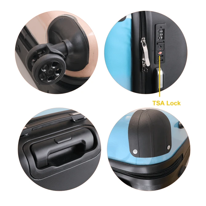 Four close-up views of a blue custom insert suitcase featuring wheels, a handle, a TSA lock, and a zipper.