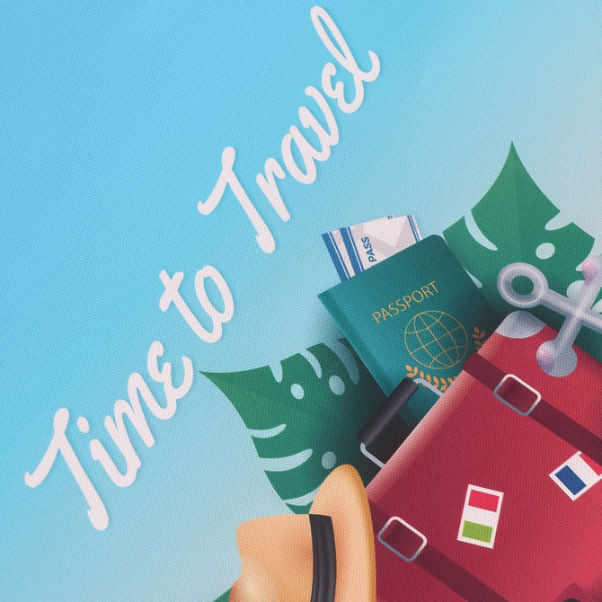 A vibrant suitcase design featuring a passport, travel documents, and decorative elements like leaves and an anchor.