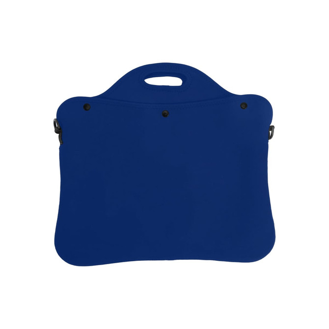 A blue laptop bag with a handle and a smooth surface, featuring a logo on the front.