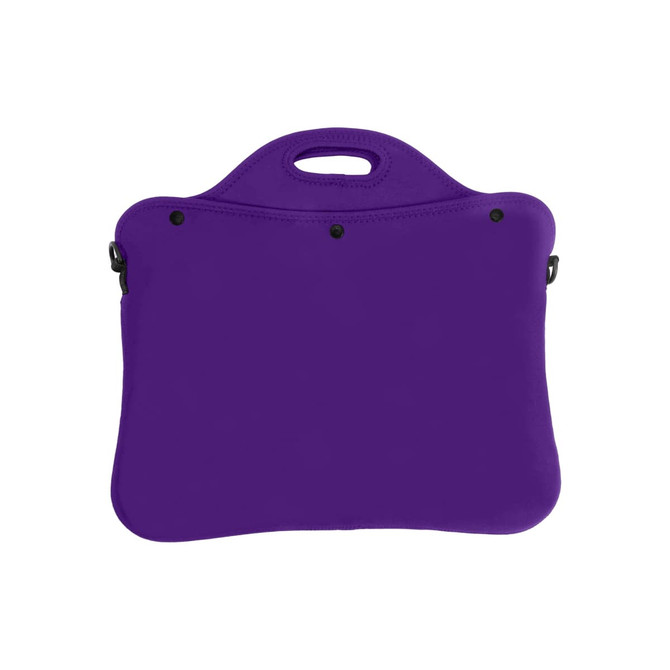 A purple laptop bag with a handle and fastening details, featuring a smooth exterior and a branded logo.