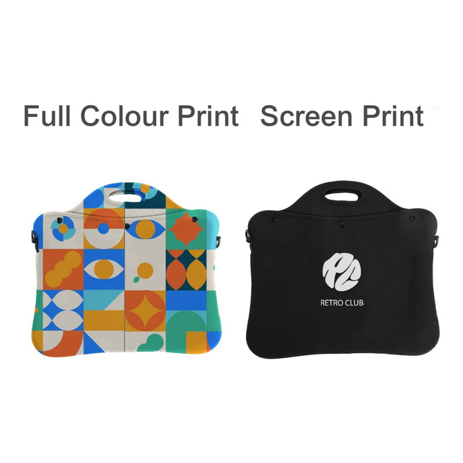 A laptop bag in vibrant patterns on one side and a plain black design on the other, featuring a logo.