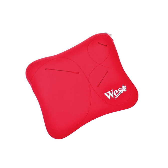 A red laptop pouch with a logo, featuring a sleek design and multiple compartments.