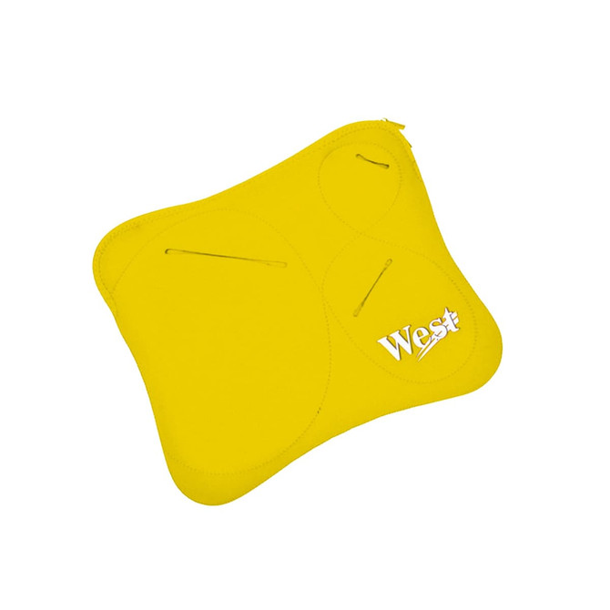 A yellow laptop bag with multiple pouches and a branding logo. Features a zip closure and a sleek design.