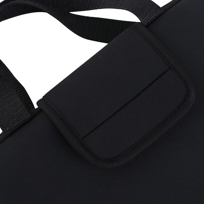 A black laptop bag featuring a padded exterior and sturdy handles, with a simple flap closure and branding.