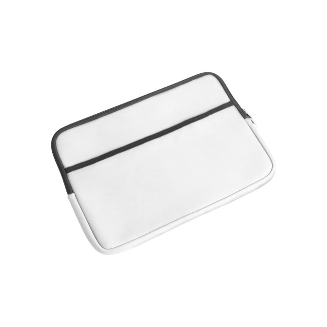 A white laptop bag with a grey trim and a zip closure, featuring a logo on the front.