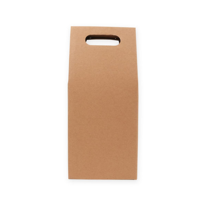 A portable wine box in brown with a handle, designed to hold two bottles. It features a simple, unmarked exterior.