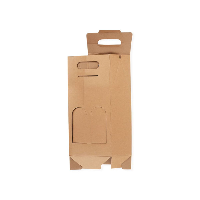 A portable wine box in brown cardboard, featuring cut-out handles and compartments for two bottles.