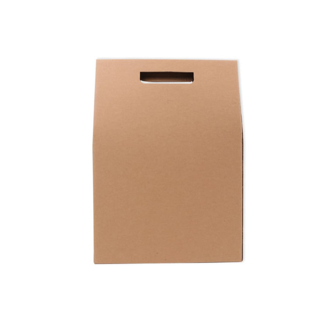 A portable wine box made of brown cardboard with a handle, designed to hold three bottles.