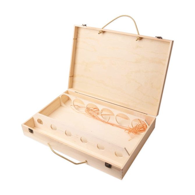 A wooden wine box in natural colour, featuring six circular slots and a handle for carrying.