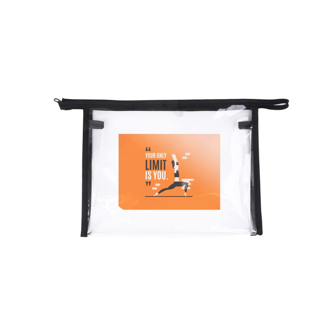 A clear PVC cosmetic bag with a black zipper and an orange graphic featuring a fitness theme.