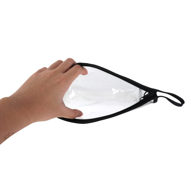 A PVC cosmetic bag with a transparent body and a black zipper, being held by a hand.