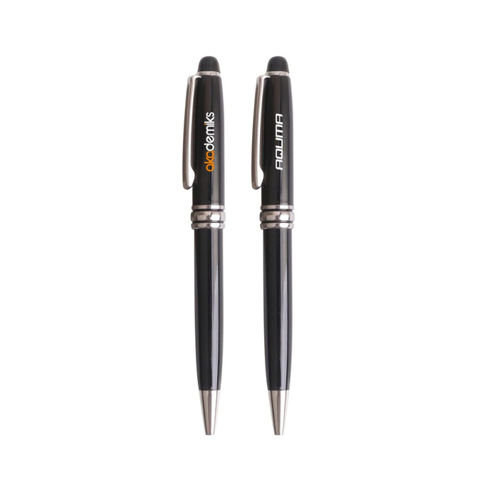 A set of two sleek black metal pens featuring silver accents and branding on the barrels.