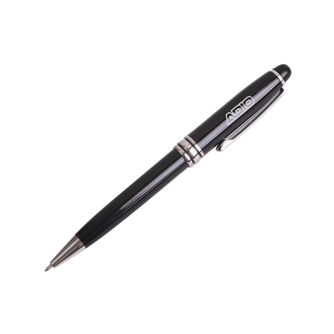 A black deluxe metal pen featuring silver accents and a clip, with a logo on the barrel.