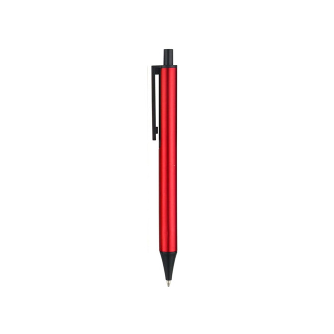 A red plastic click pen with a black clip, featuring a sleek design and a branding logo.