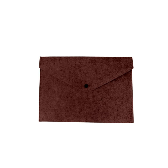 A felt file folder in a rich brown colour with a flap closure and a button fastening, featuring branding.