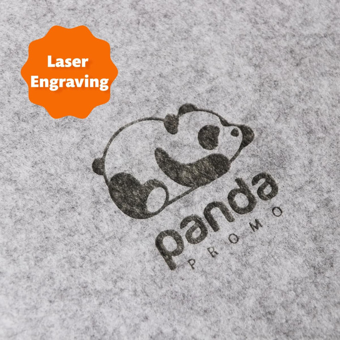 A grey felt file folder featuring a panda logo, designed for office use. It includes laser engraving details.