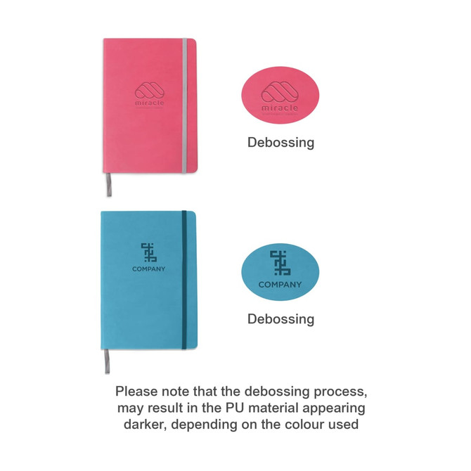 A5 PU cover notebooks in pink and blue, featuring a logo and debossed design on the front cover.