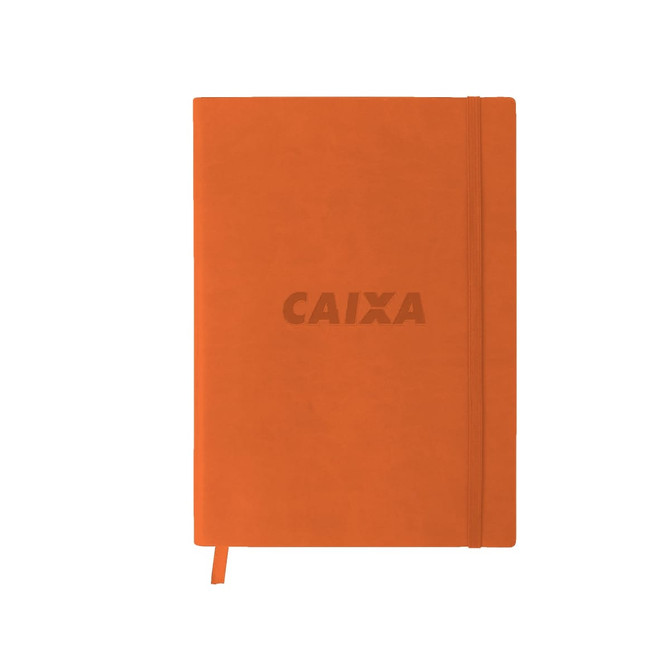 An orange B5 PU cover notebook with an elastic closure and a logo on the front.