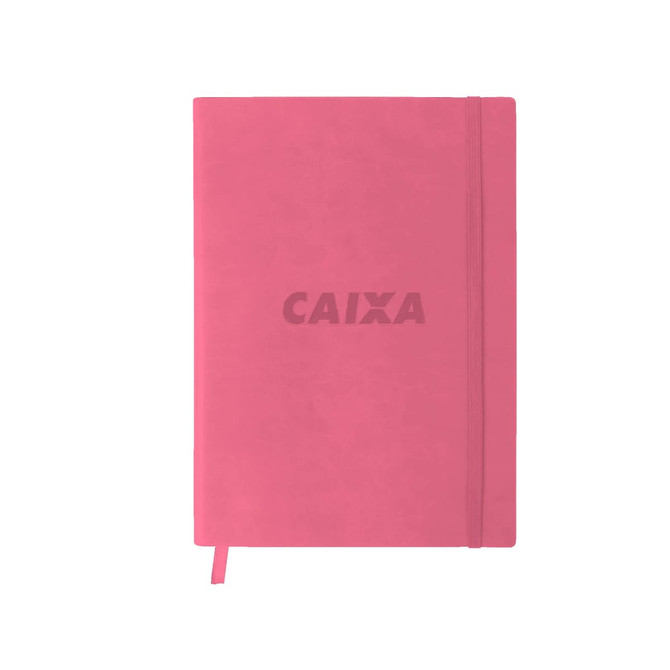 A pink PU cover notebook with an elastic closure and a branding logo on the front.