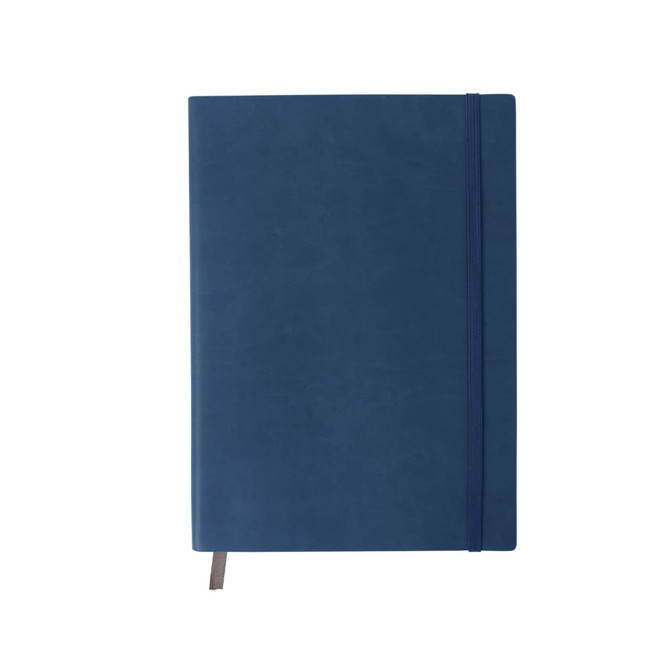 A blue B5 PU cover notebook with an elastic band and a ribbon bookmark, featuring a logo on the front.