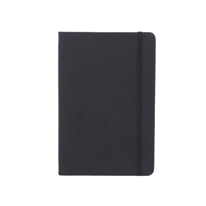 A black PU A6 notebook with a flexible cover and an elastic band closure. It features a logo on the front.