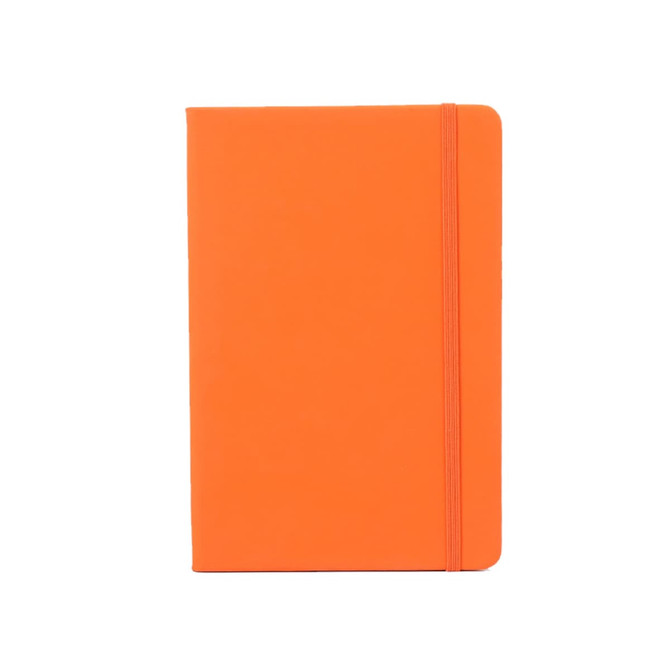 An orange PU A6 notebook with a smooth finish and an elastic band closure. It features a logo.