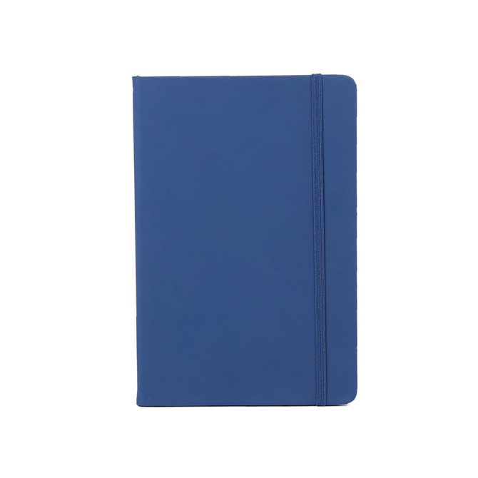 A blue PU A6 notebook featuring a textured cover and an elastic closure, with a logo on the front.