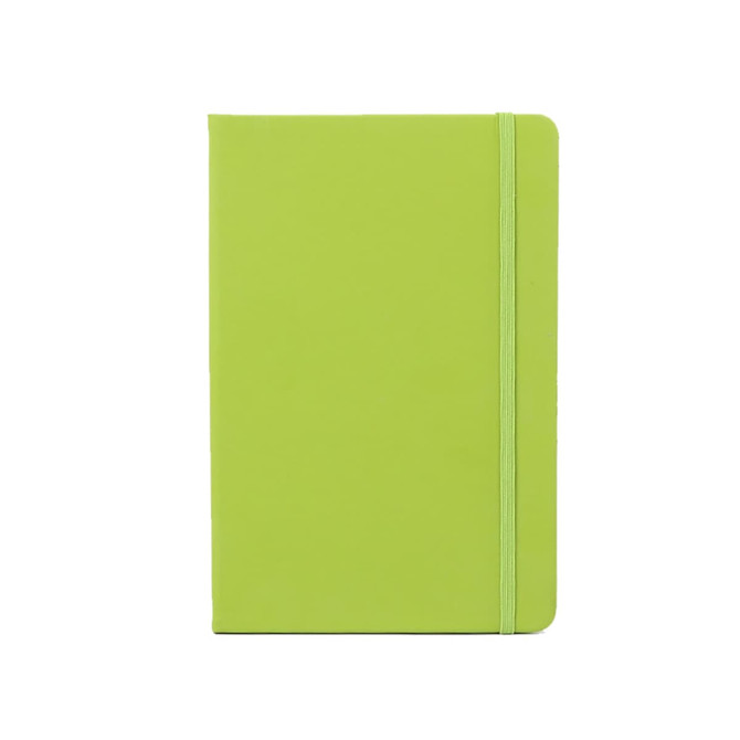 A green PU A6 notebook featuring a smooth cover and an elastic band. It has a logo on the front.