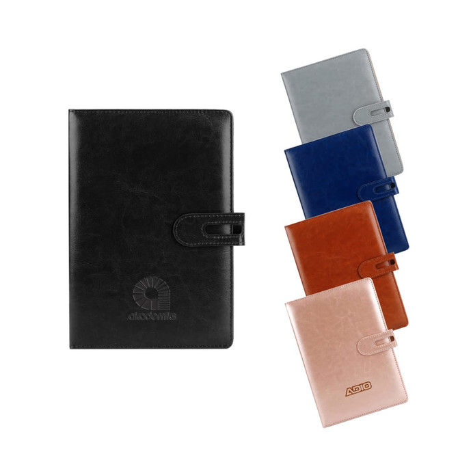 A collection of Ceo PU Notebooks in black, grey, blue, brown, and rose gold, each with a clasp and branding.