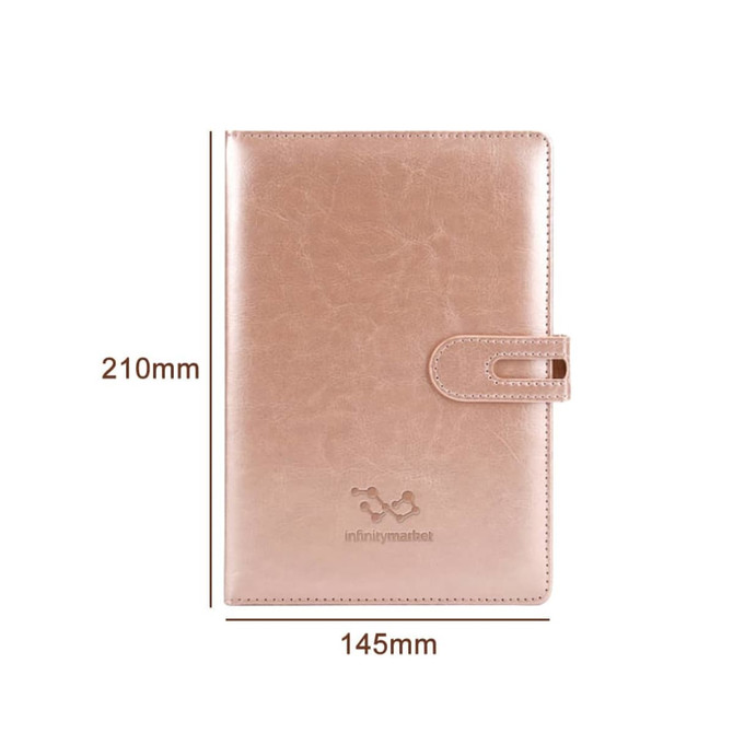 A light pink PU notebook with a clasp closure, featuring a logo on the cover, measuring 210mm by 145mm.