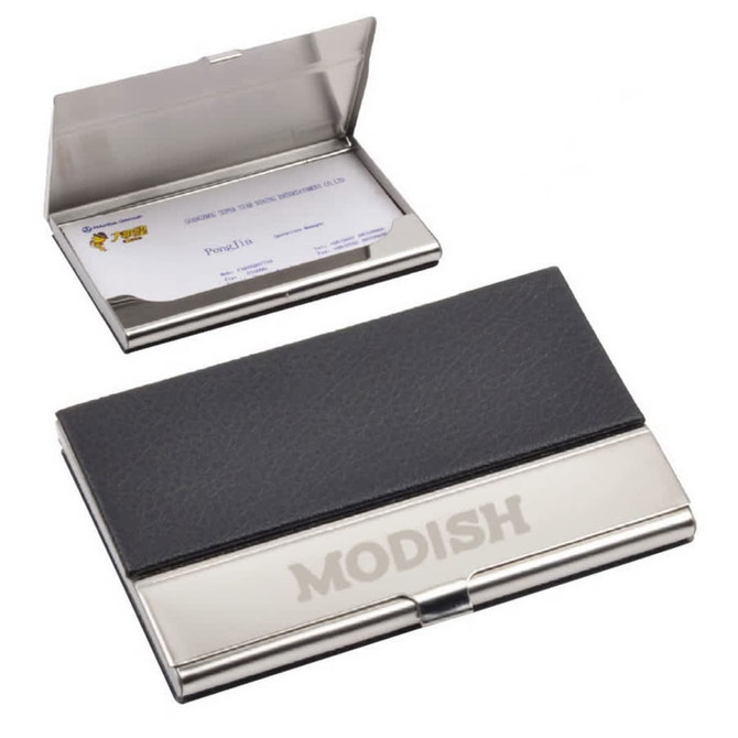 A PU leather business card holder in black with a stainless steel clasp and a logo on the front.