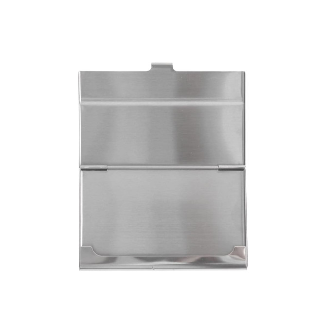 A silver PU leather business card holder with a sleek, open design and a small logo on the front.