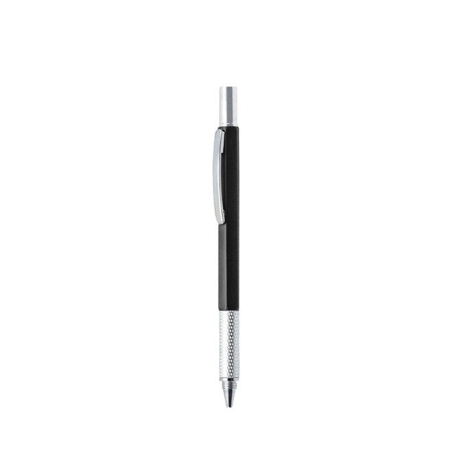 A metal pen with a black and silver design, featuring a textured grip and clip, with a branding logo.