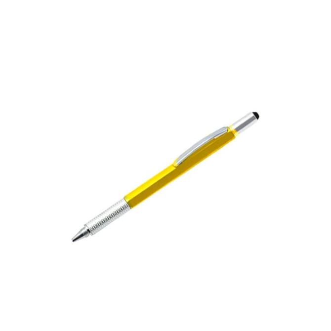 A multi-function pen in bright yellow with a silver tip and clip, featuring a stylus point.