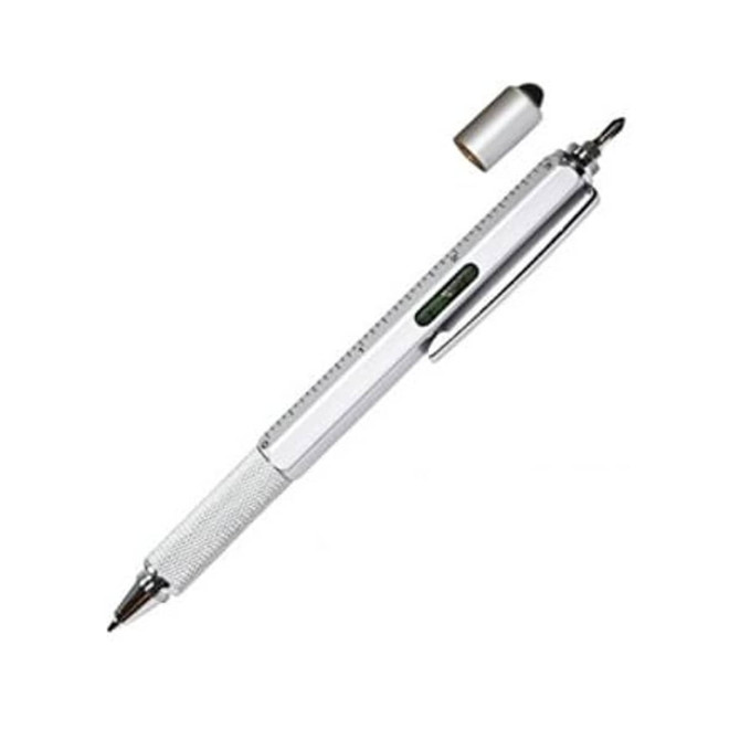 A silver multi-function pen with a textured grip, featuring a removable cap and an integrated logo.