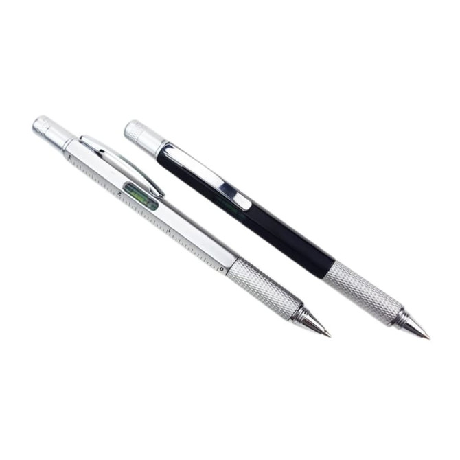 A set of two metal pens, one silver with a ruler and level, the other black with a sleek design. Each has a logo.