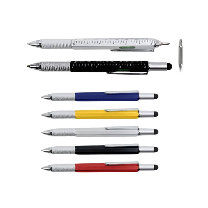 A collection of multi-function metal pens in silver, black, blue, yellow, and red, featuring various writing tools and a logo.