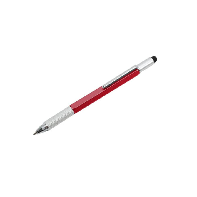 A red multi-function pen with a silver grip and a stylus tip, featuring a logo on the body.