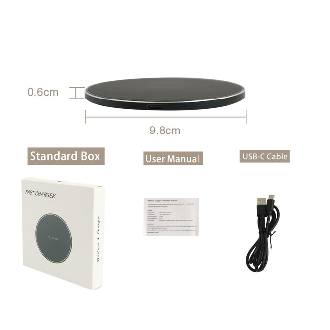 A round, black wireless charger with a USB-C cable, user manual, and standard box packaging.