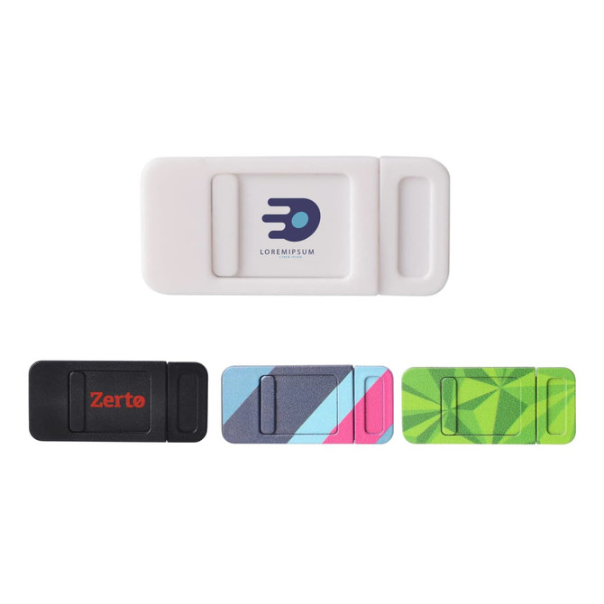 A sliding webcam cover in white, black, and multi-coloured designs, featuring various logos.