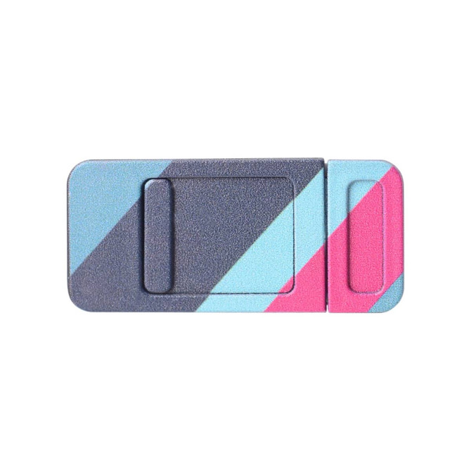 A sliding webcam cover featuring a geometric design in blue, grey, and pink. It has a branding logo.