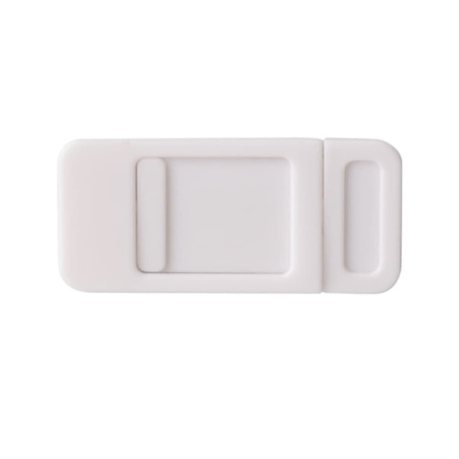 A white sliding webcam cover with a simple rectangular design, featuring a small handle on one side.