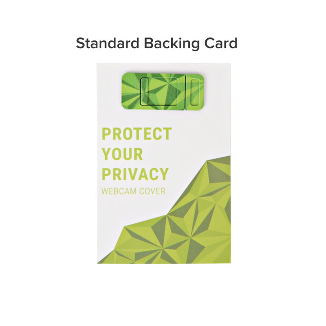 A green and white backing card featuring a sliding webcam cover, with a geometric design and a branding logo.