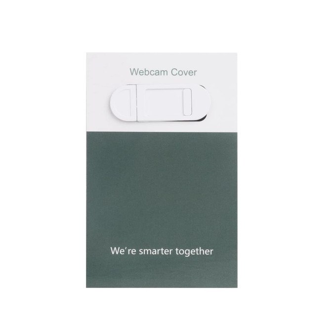 A white tablet webcam cover on a green and grey packaging card featuring branding.