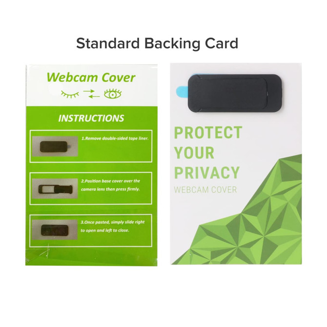 A black webcam cover displayed on a standard backing card featuring instructions and a privacy message.