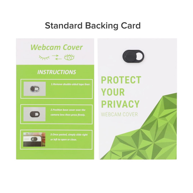 A standard backing card for a mini webcam cover, featuring green and white colours with instructions on usage.